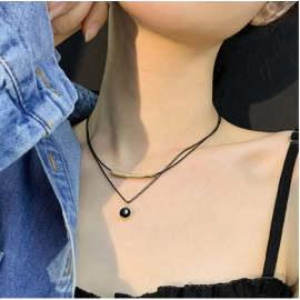 Black double layered European and American fashion necklace with personalized design sense, inset cold style collarbone chain, mesh red temperament neck ornament